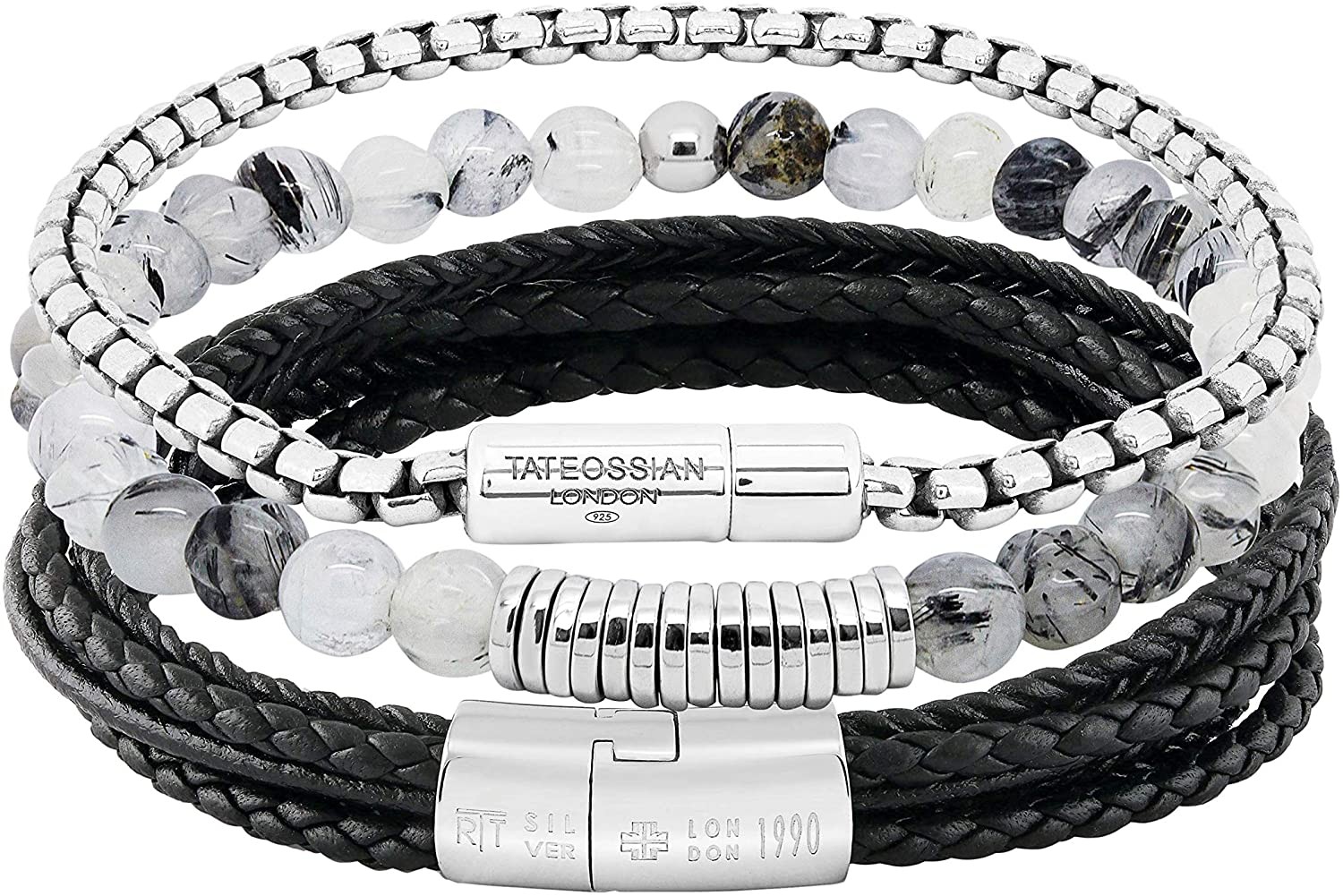 Tateossian Sterling Silver Calf Leather Pop Clasp Multi Strand Cobra Bracelet
